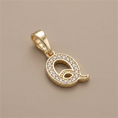 Q Harfi Zirkon Taşlı Minimal Kolye Ucu  - 14k Altın Kaplama - 8 x 17 mm