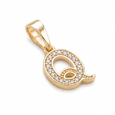 Q Harfi Zirkon Taşlı Minimal Kolye Ucu  - 14k Altın Kaplama - 8 x 17 mm