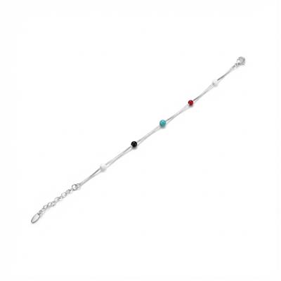 Renkli Boncuk Bileklik - Beyaz Altın Kaplama - 17+3 cm
