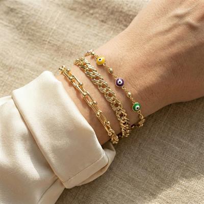 Renkli Nazar Boncuk Bileklik - 14K Altın Kaplama - 17+3 cm