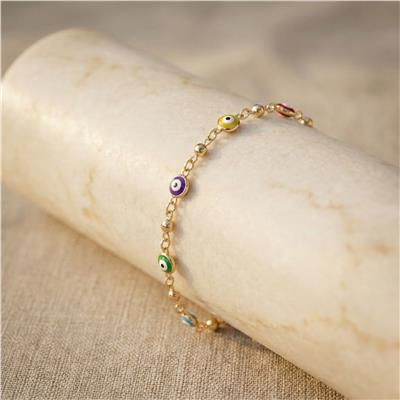 Renkli Nazar Boncuk Bileklik - 14K Altın Kaplama - 17+3 cm