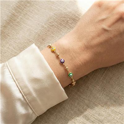 Renkli Nazar Boncuk Bileklik - 14K Altın Kaplama - 17+3 cm