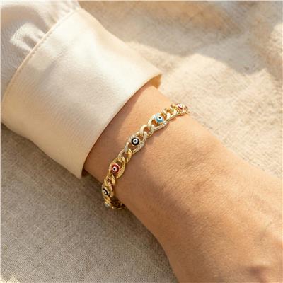 Renkli Nazar Boncuklu Bileklik - 14K Altın Kaplama - 19+3 cm