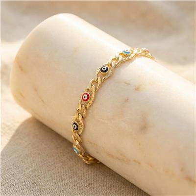 Renkli Nazar Boncuklu Bileklik - 14K Altın Kaplama - 19+3 cm