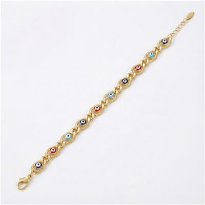 Renkli Nazar Boncuklu Bileklik - 14K Altın Kaplama - 19+3 cm