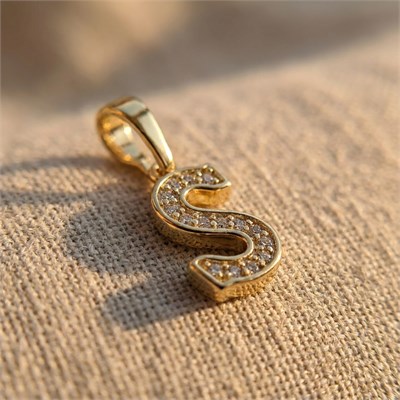 S Harfi Zirkon Taşlı Minimal Kolye Ucu  - 14k Altın Kaplama - 7 x 17 mm