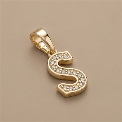 S Harfi Zirkon Taşlı Minimal Kolye Ucu  - 14k Altın Kaplama - 7 x 17 mm