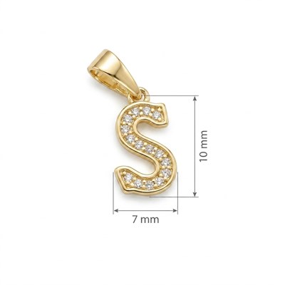 S Harfi Zirkon Taşlı Minimal Kolye Ucu  - 14k Altın Kaplama - 7 x 17 mm