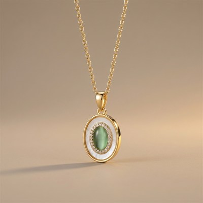 Sedef ve Oval Yeşil Taş detaylı Çelik Kolye Ucu - 14k Altın Kaplama - 15 x 24 mm (40+5 cm Çelik Zincir Hediyeli)
