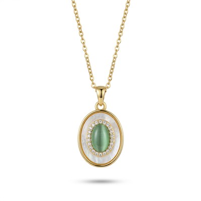 Sedef ve Oval Yeşil Taş detaylı Çelik Kolye Ucu - 14k Altın Kaplama - 15 x 24 mm (40+5 cm Çelik Zincir Hediyeli)