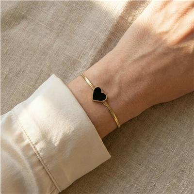 Siyah Kalp Detaylı Bileklik - 14K Altın Kaplama - 17+3 cm