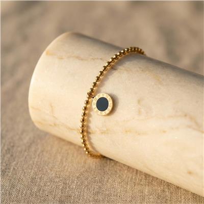 Siyah Yuvarlak Madalyon Detaylı Bileklik - 14K Altın Kaplama - 17+3 cm