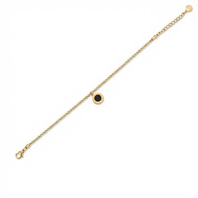 Siyah Yuvarlak Madalyon Detaylı Bileklik - 14K Altın Kaplama - 17+3 cm