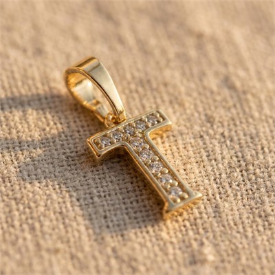 T Harfi Zirkon Taşlı Minimal Kolye Ucu  - 14k Altın Kaplama - 8 x 16 mm