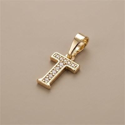 T Harfi Zirkon Taşlı Minimal Kolye Ucu  - 14k Altın Kaplama - 8 x 16 mm