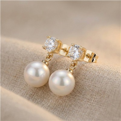 Tektaş Detaylı Sallantılı İnci Küpe Çelik 14K Altın Kaplama - 2 cm
