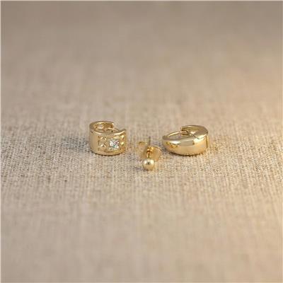 Top Halka Zirkon Taşlı 3lü Küpe Seti - 14K Altın Kaplama