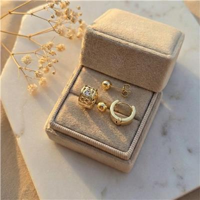 Top Halka Zirkon Taşlı 3lü Küpe Seti - 14K Altın Kaplama