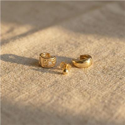 Top Halka Zirkon Taşlı 3lü Küpe Seti - 14K Altın Kaplama
