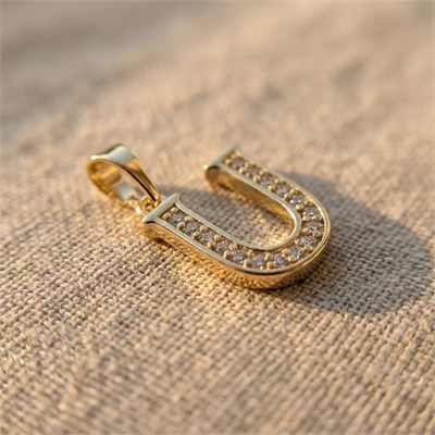 U Harfi Zirkon Taşlı Minimal Kolye Ucu  - 14k Altın Kaplama - 9 x 17 mm