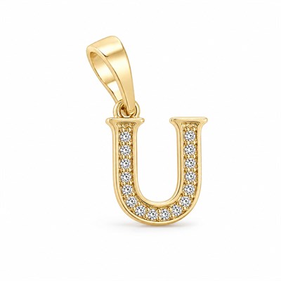 U Harfi Zirkon Taşlı Minimal Kolye Ucu  - 14k Altın Kaplama - 9 x 17 mm