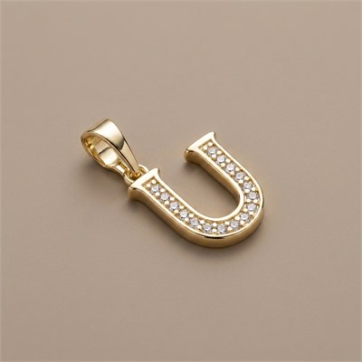 U Harfi Zirkon Taşlı Minimal Kolye Ucu  - 14k Altın Kaplama - 9 x 17 mm