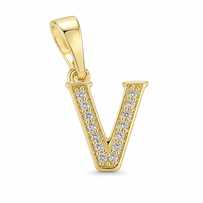 V Harfi Zirkon Taşlı Minimal Kolye Ucu  - 14k Altın Kaplama - 9 x 16 mm
