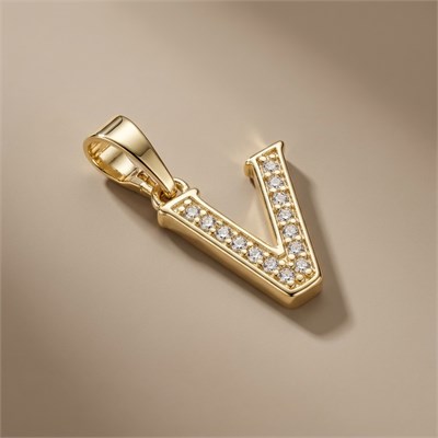 V Harfi Zirkon Taşlı Minimal Kolye Ucu  - 14k Altın Kaplama - 9 x 16 mm