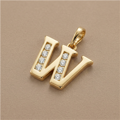 W Harfi Çift Şerit Zirkon Taşlı Kolye Ucu - 14K Altın Kaplama - 19 mm