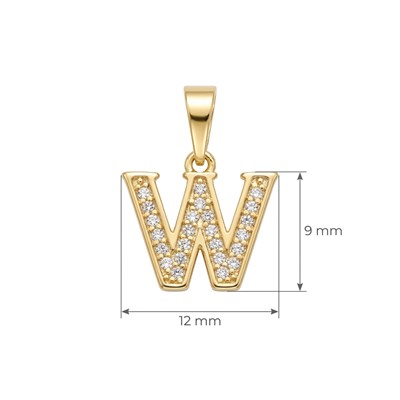 W Harfi Zirkon Taşlı Minimal Kolye Ucu  - 14k Altın Kaplama - 12 x 16 mm
