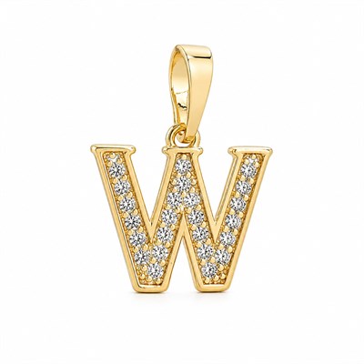 W Harfi Zirkon Taşlı Minimal Kolye Ucu  - 14k Altın Kaplama - 12 x 16 mm