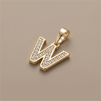 W Harfi Zirkon Taşlı Minimal Kolye Ucu  - 14k Altın Kaplama - 12 x 16 mm