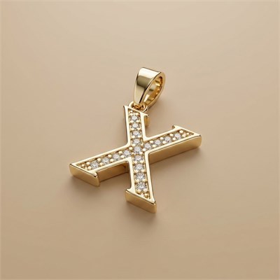 X Harfi Zirkon Taşlı Minimal Kolye Ucu  - 14k Altın Kaplama - 10 x 17 mm