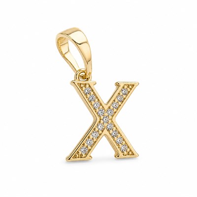 X Harfi Zirkon Taşlı Minimal Kolye Ucu  - 14k Altın Kaplama - 10 x 17 mm