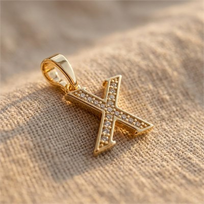 X Harfi Zirkon Taşlı Minimal Kolye Ucu  - 14k Altın Kaplama - 10 x 17 mm