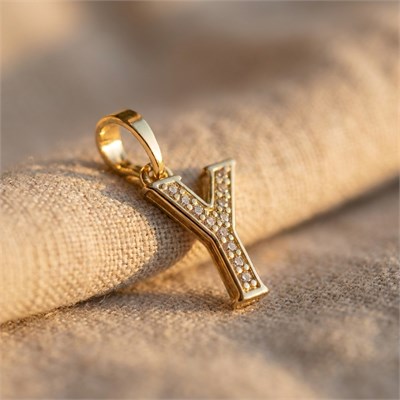 Y Harfi Zirkon Taşlı Minimal Kolye Ucu  - 14k Altın Kaplama - 8 x 17 mm