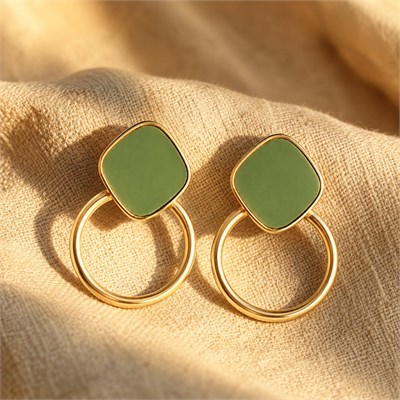 Yeşil Detaylı Halkalı Sallantılı Küpe  - 925 Ayar Gümüş Çivili - 14k Altın Kaplama - 34 mm