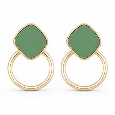Yeşil Detaylı Halkalı Sallantılı Küpe  - 925 Ayar Gümüş Çivili - 14k Altın Kaplama - 34 mm