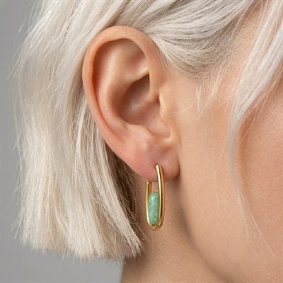 Yeşil Taşlı Küpe - 14k Altın Kaplama - 27 mm