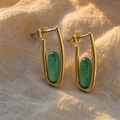 Yeşil Taşlı Küpe - 14k Altın Kaplama - 27 mm
