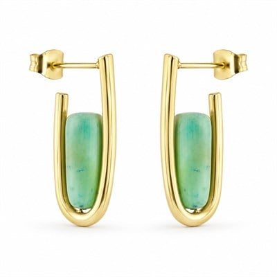Yeşil Taşlı Küpe - 14k Altın Kaplama - 27 mm
