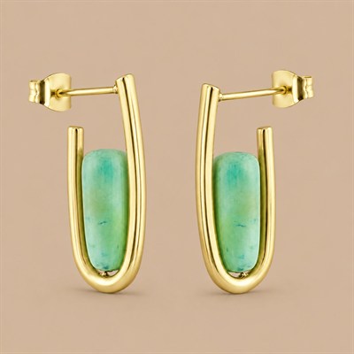 Yeşil Taşlı Küpe - 14k Altın Kaplama - 27 mm