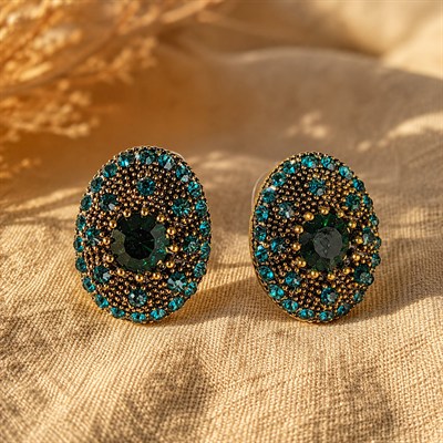 Yeşil Zirkon Taşlı Vintage Küpe - 925 Ayar Gümüş Çivili - Altın Rengi Kaplama - 18 mm