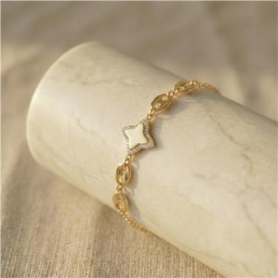 Yıldız Motif Zirkon Taşlı Çelik Bileklik - 14K Altın Kaplama - 17+3 cm