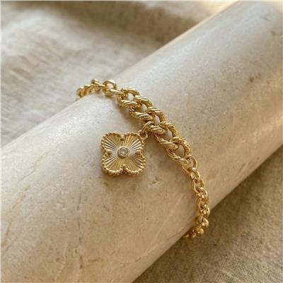 Yonca Charm Küba Zincir Çelik Bileklik - 14K Altın Kaplama - 17+3 cm
