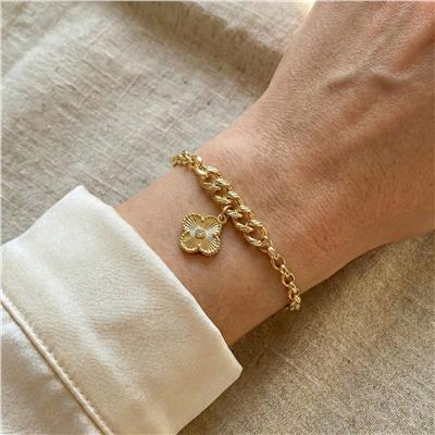 Yonca Charm Küba Zincir Çelik Bileklik - 14K Altın Kaplama - 17+3 cm