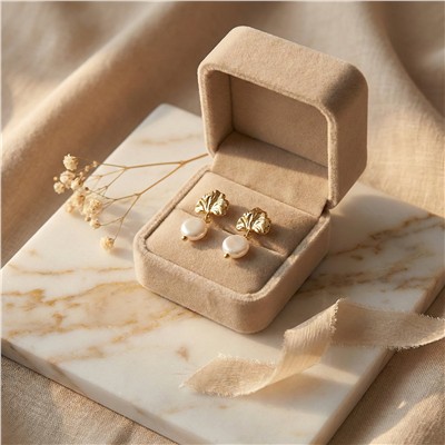 Yuvarlak İnci Sallantılı Yaprak Desenli Küpe 14K Altın Kaplama - 2 cm