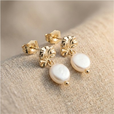 Yuvarlak İnci Sallantılı Yaprak Desenli Küpe 14K Altın Kaplama - 2 cm