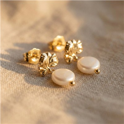 Yuvarlak İnci Sallantılı Yaprak Desenli Küpe 14K Altın Kaplama - 2 cm