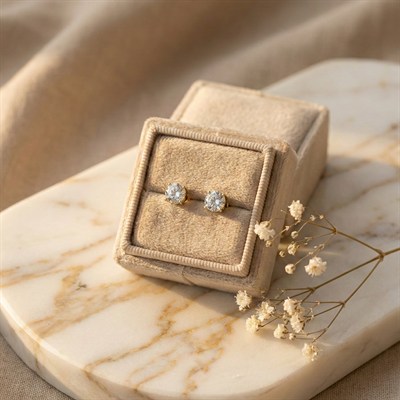 Yuvarlak Kesim Zirkon Tektaş Küpe - 14k Altın Kaplama - 6 mm